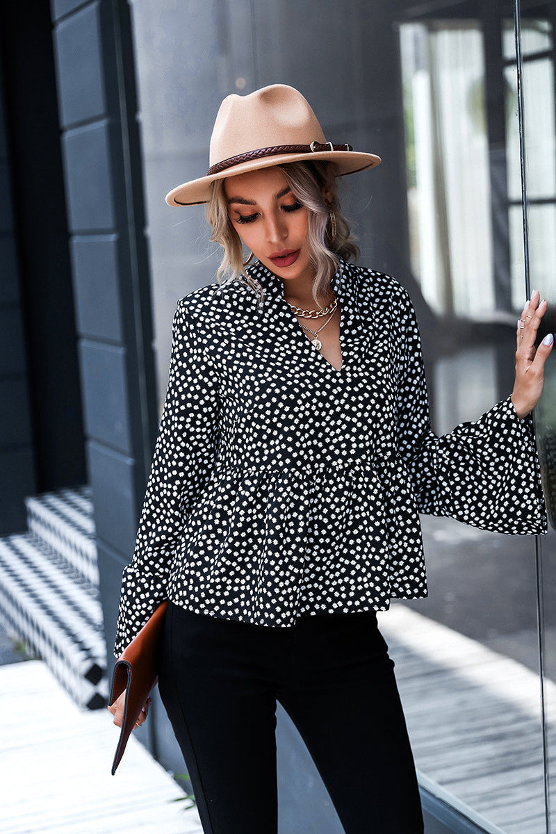 Women's Fashion V Neck Polka Dot Long Sleeve Shirt Elegant Top