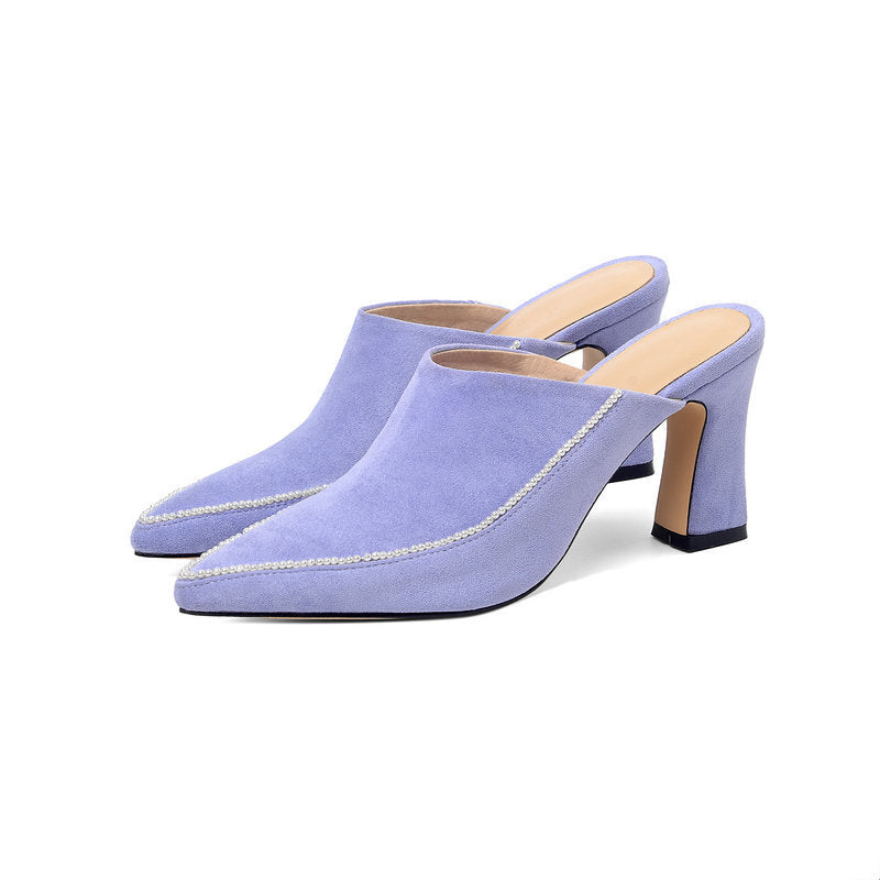 High-heeled Shoes Baotou Half Slippers Women's Outer Wear Half Support Thick-heeled High-heeled Shoes All-match Pointed Toe