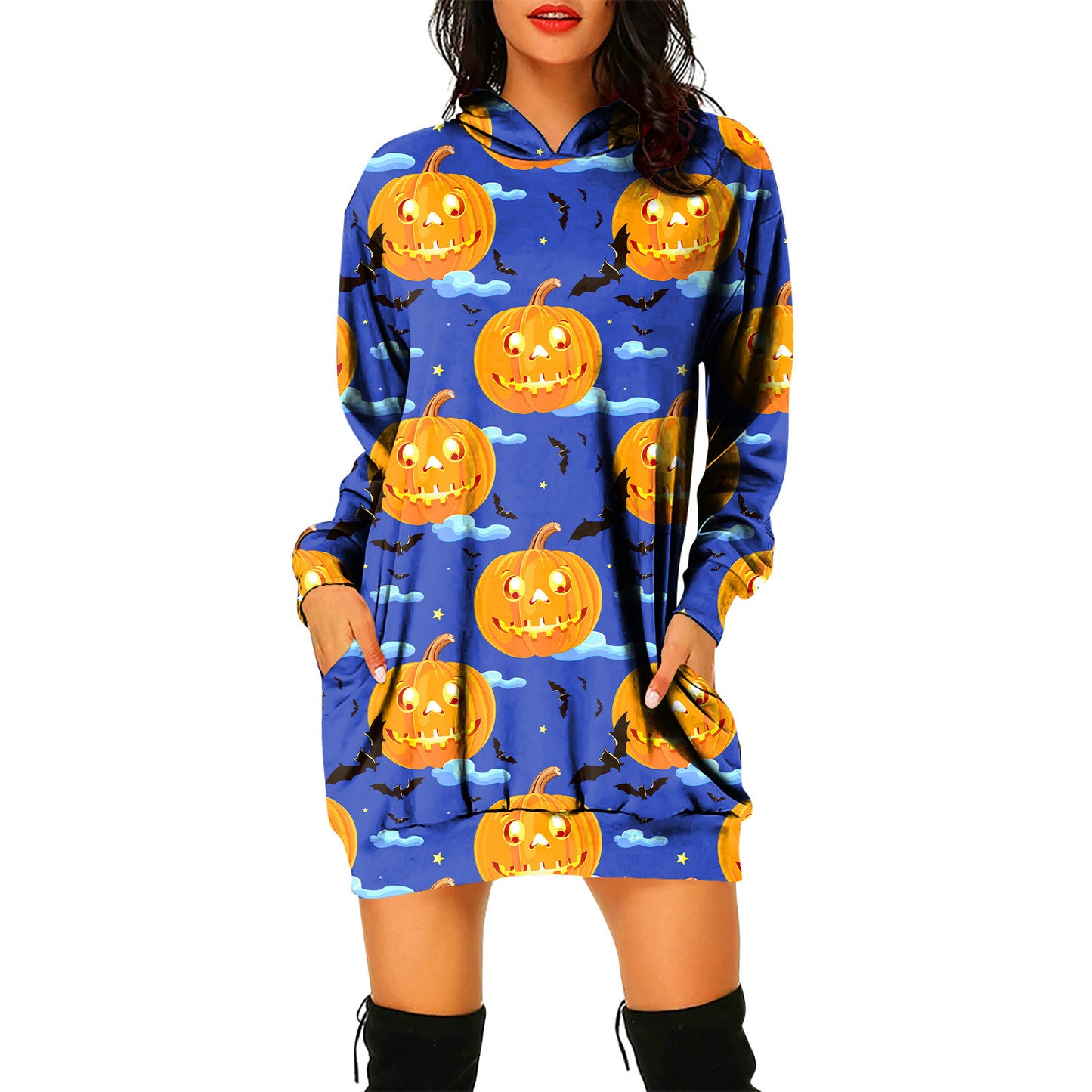 Pullover Hooded Sweater Dress Halloween Theme Women's Pullover Hooded Sweater Dress