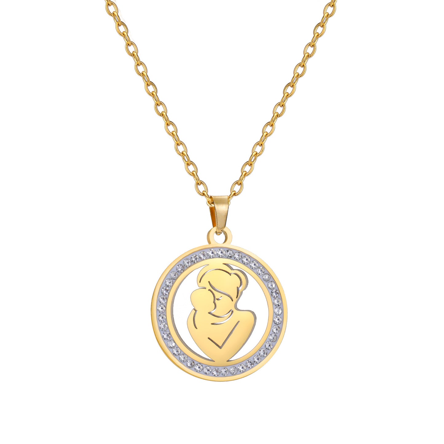 Transparent Zircon Round Pendant Necklace Stainless Steel