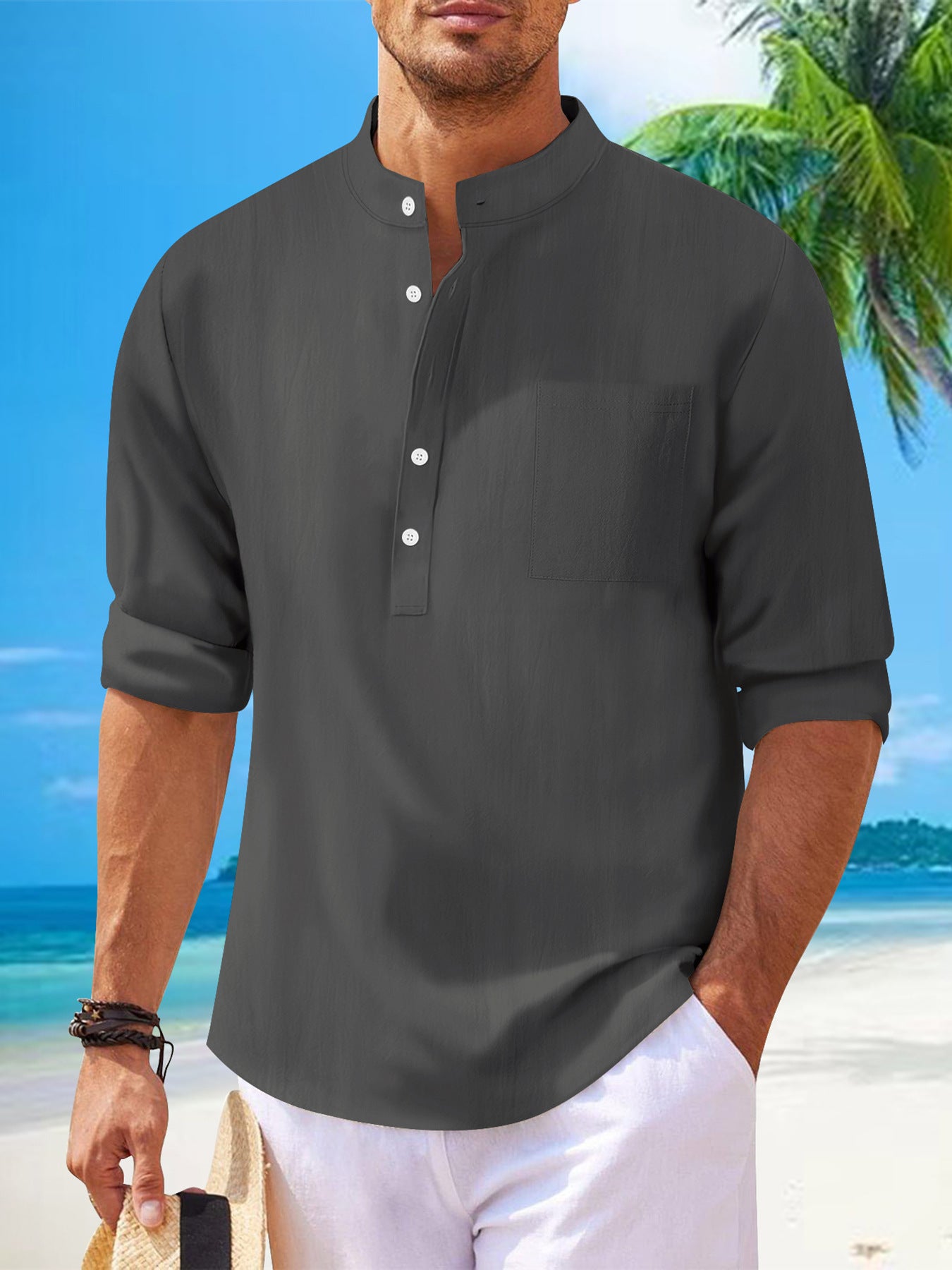 Men's Cotton Shirt And Linen Stand Collar Long Sleeve Shirt