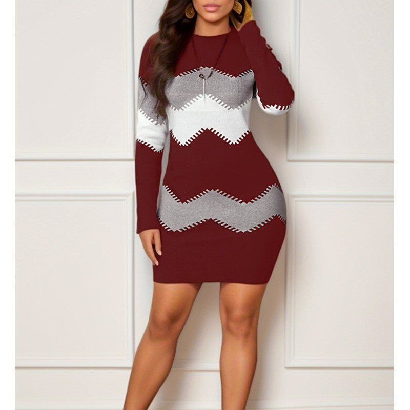 Knitted Sheath Dress Mid-length Short Skirt Round Neck Long Sleeve Printed Knitted Sheath Dress