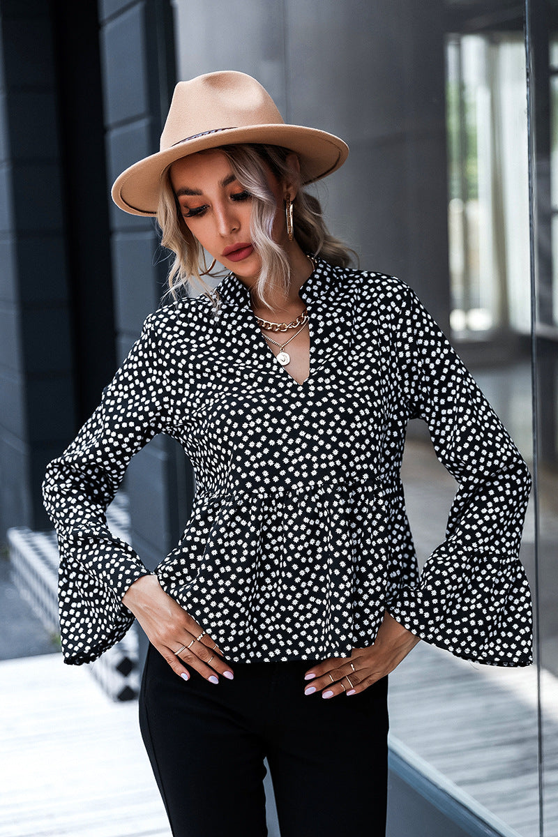 Women's Fashion V Neck Polka Dot Long Sleeve Shirt Elegant Top
