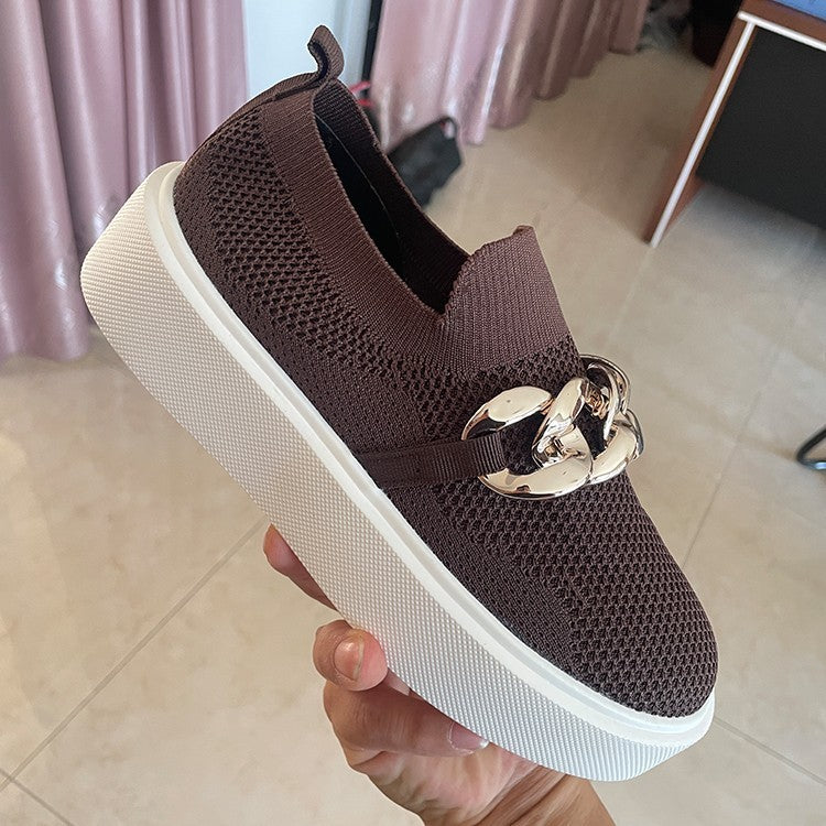 Casual Women's Shoes Spring And Autumn New Thick Bottom Shallow Mouth Knitted Mesh Chain Outer Wear Casual Women's Shoes
