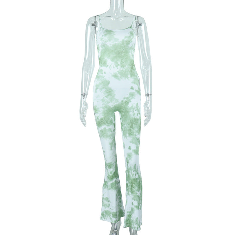 Jumpsuit Strap Digital Printing Hollow Out Jumpsuit Hip Lifting Slim Wide Leg All In One Pant