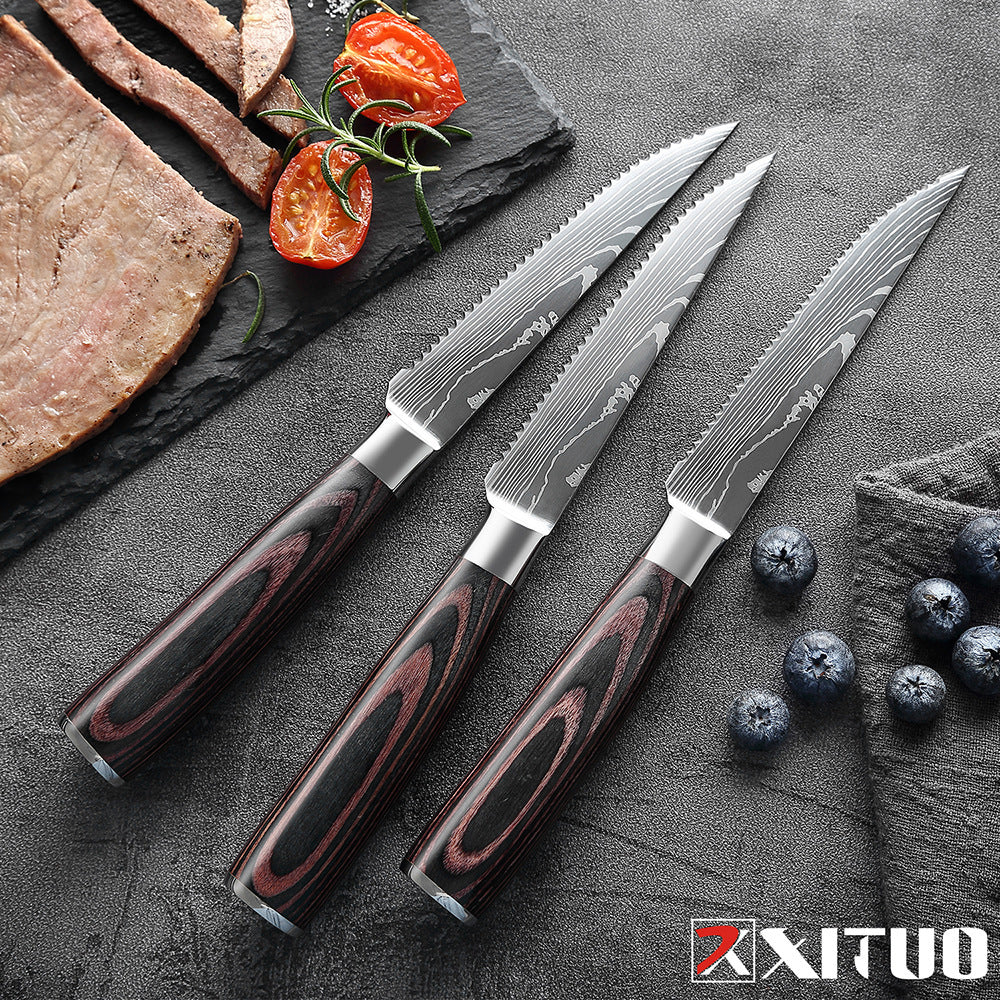 Steak Knife Western Steak Knife Damascus Pattern Stainless Steel Serrated Knife