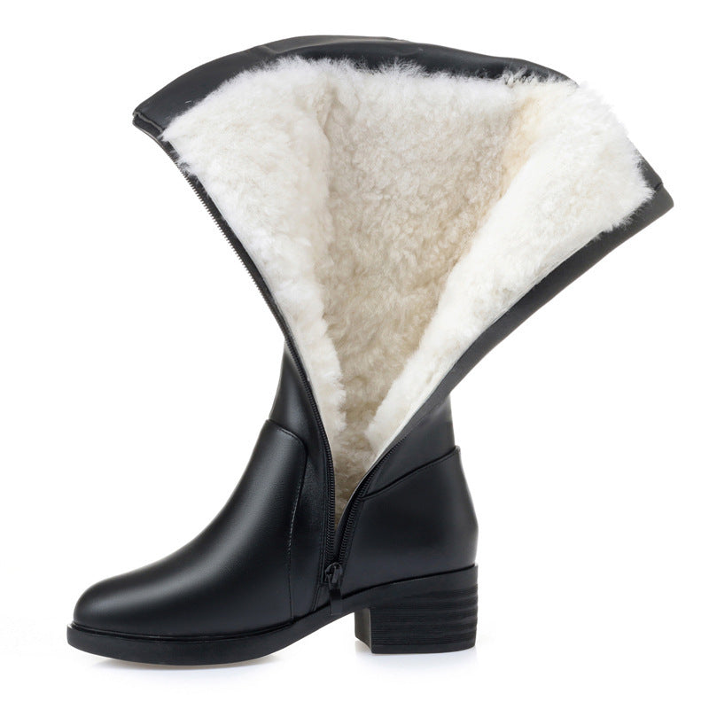 leather boot lady Plush wool medium thick sole leather boot lady