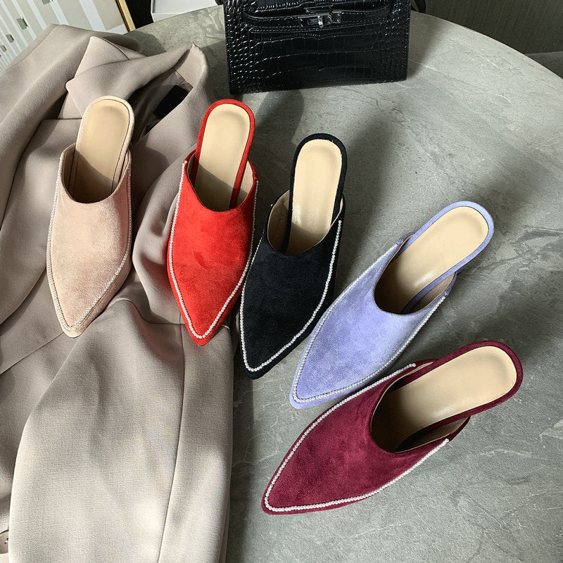High-heeled Shoes Baotou Half Slippers Women's Outer Wear Half Support Thick-heeled High-heeled Shoes All-match Pointed Toe