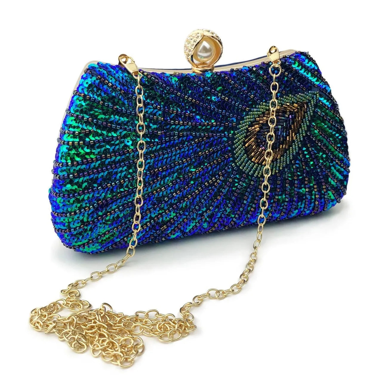 Beaded Peacock Feather Shoulder Bag Large Pearl Rhinestone Large Capacity Crossbody Shoulder Bag