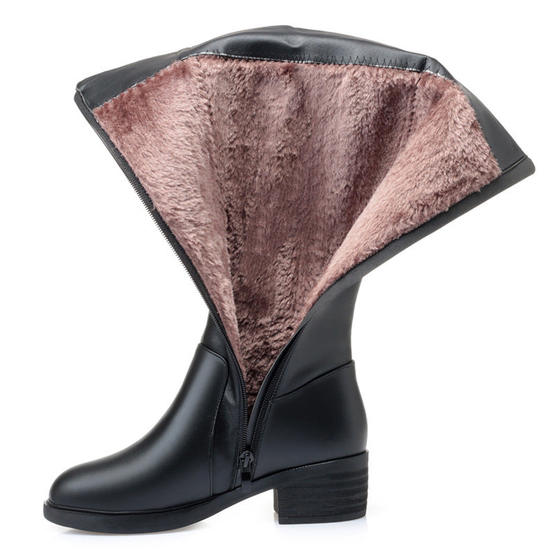 leather boot lady Plush wool medium thick sole leather boot lady