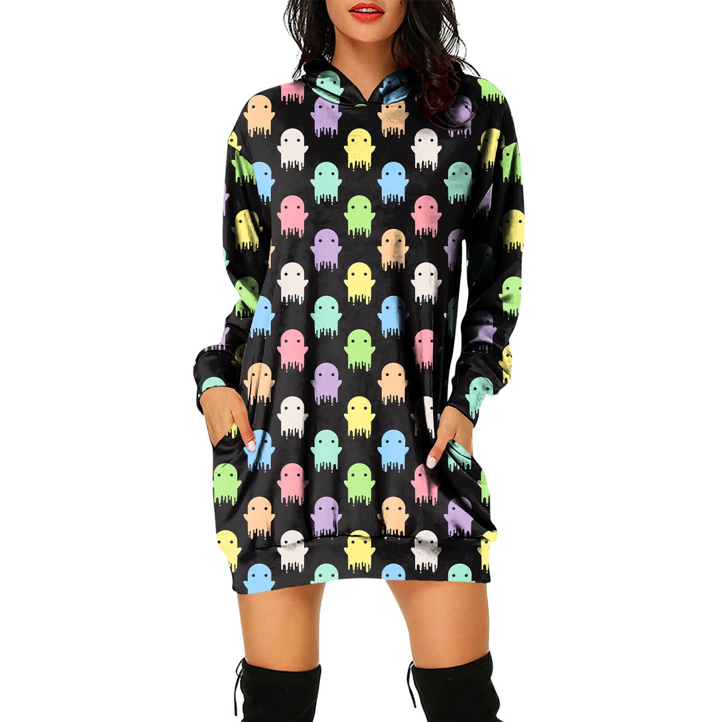 Pullover Hooded Sweater Dress Halloween Theme Women's Pullover Hooded Sweater Dress