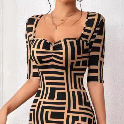 Mid-sleeve Dress New Fashion Printed Square Collar Waist-tight Mid-sleeve Dress