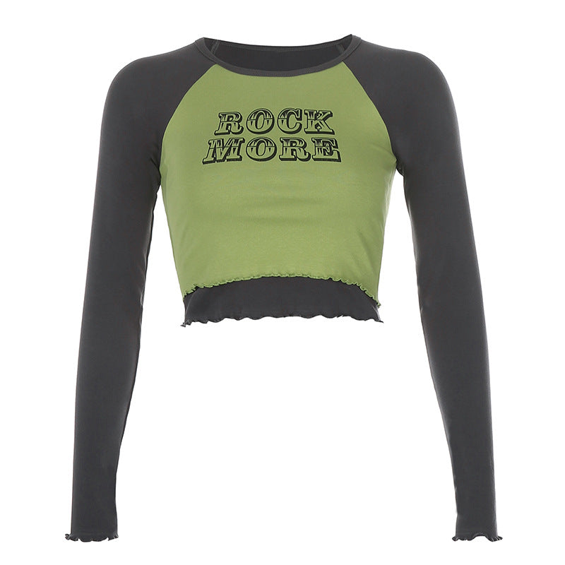 Short Raglan Shoulder Hit Color Wood Ears Letter Printed Long-Sleeved T-Shirt
