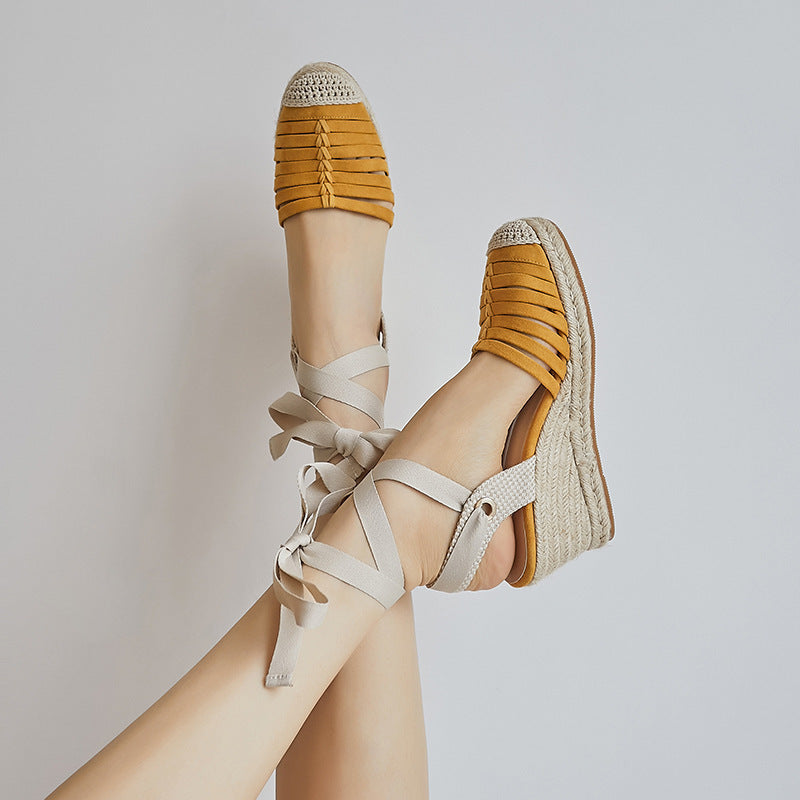 Sandals Flat High Heels Platform Straw Woven Wedge Cream White Toe Cap Sandals Flat High Heels