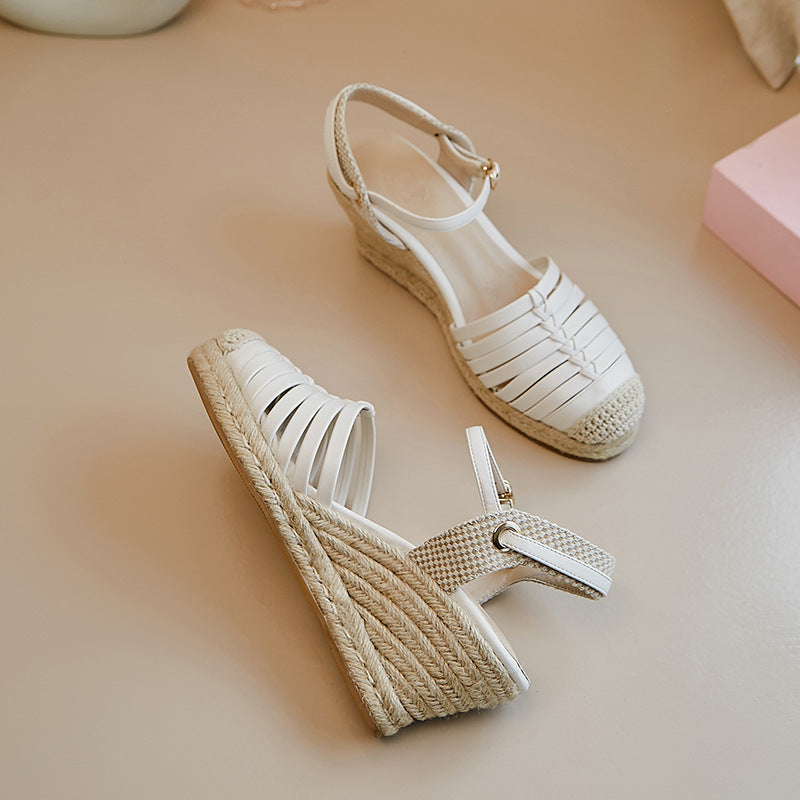 Sandals Flat High Heels Platform Straw Woven Wedge Cream White Toe Cap Sandals Flat High Heels