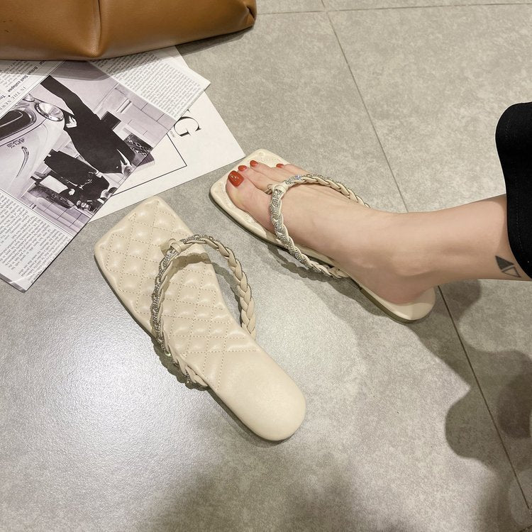 Square Head Sandals Summer New Style Rhinestone Clip Foot Square Head Sandals Flat Bottom