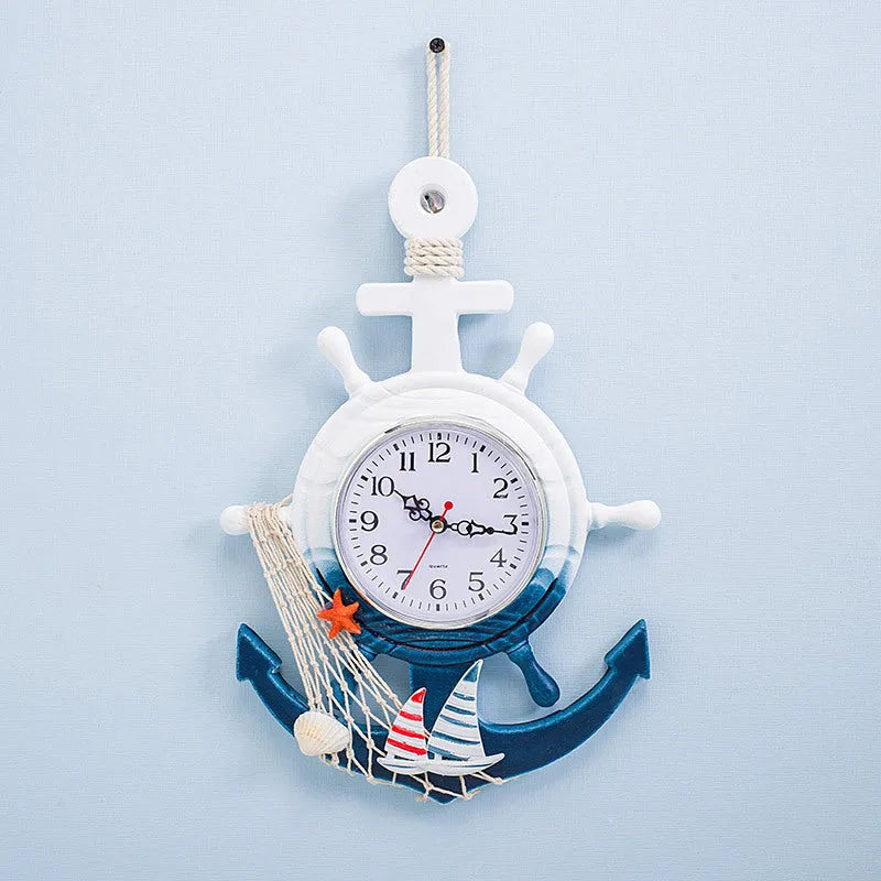 Wall Clock Mediterranean Style Blue And White Ship Rudder Helmsman Anchor Creative Personality Wall Clock