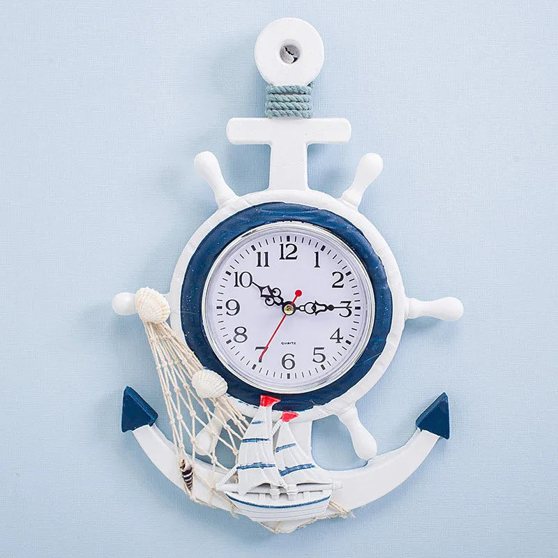 Wall Clock Mediterranean Style Blue And White Ship Rudder Helmsman Anchor Creative Personality Wall Clock
