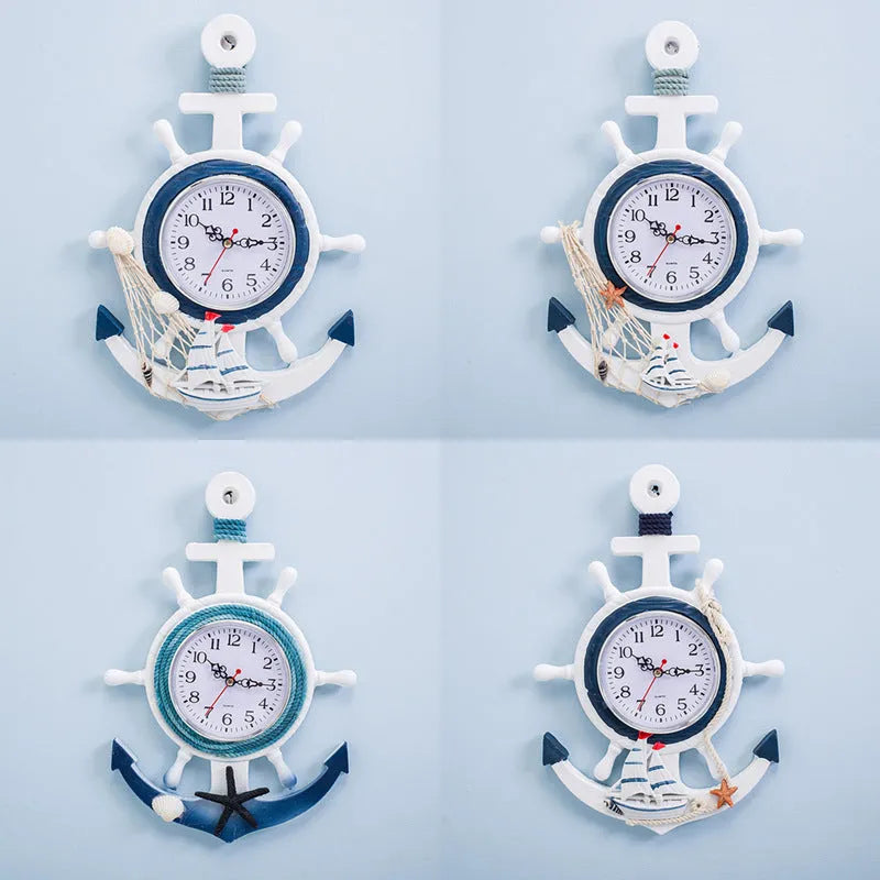 Wall Clock Mediterranean Style Blue And White Ship Rudder Helmsman Anchor Creative Personality Wall Clock
