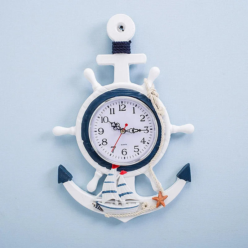 Wall Clock Mediterranean Style Blue And White Ship Rudder Helmsman Anchor Creative Personality Wall Clock
