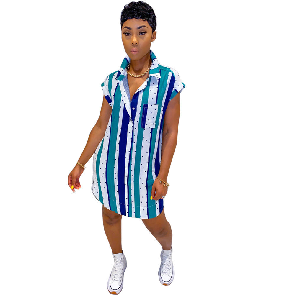 Short Sleeve Lapel Irregular Striped Skirt Women