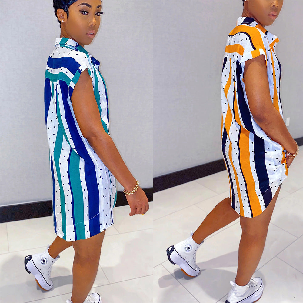 Short Sleeve Lapel Irregular Striped Skirt Women