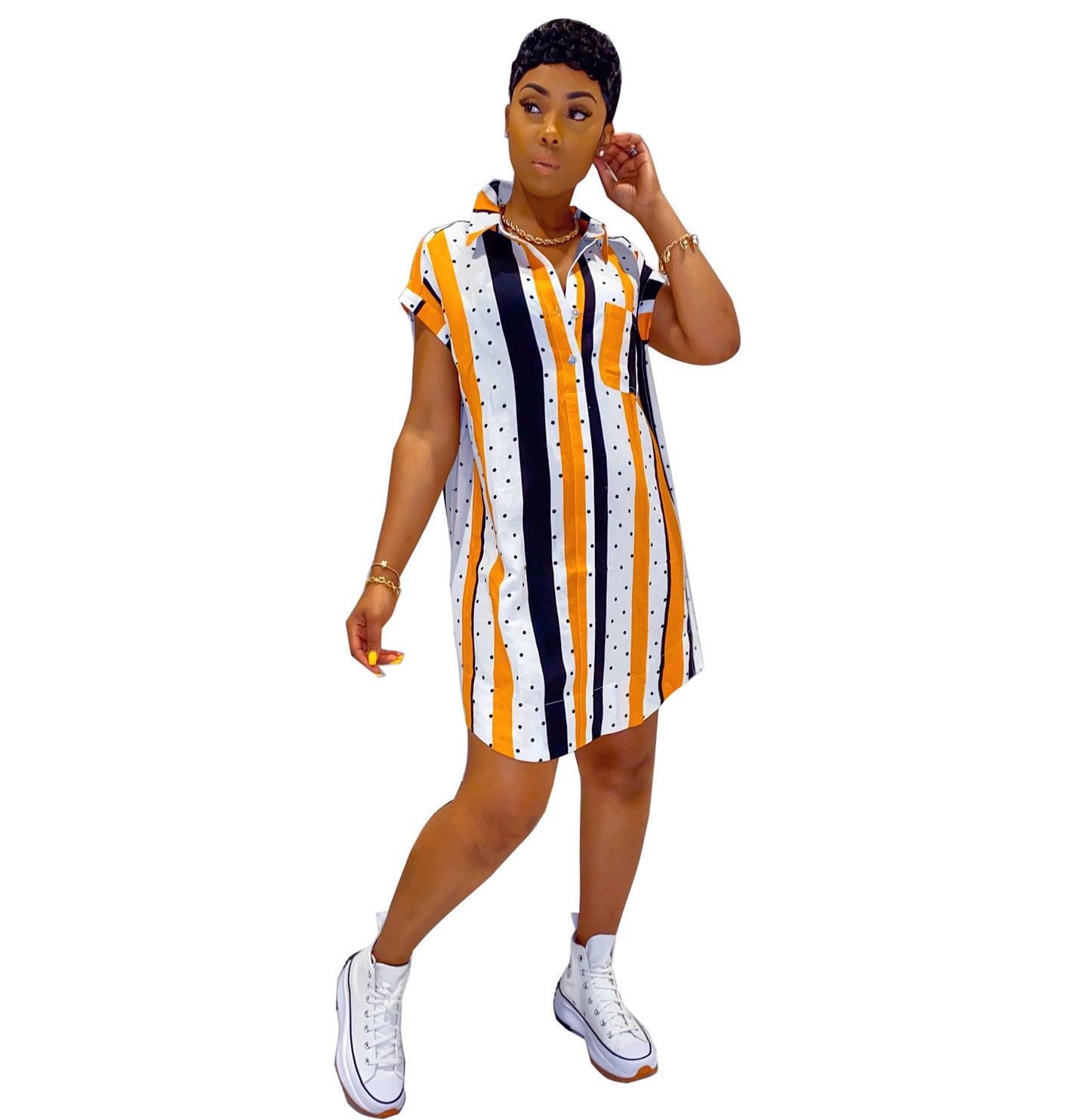 Short Sleeve Lapel Irregular Striped Skirt Women