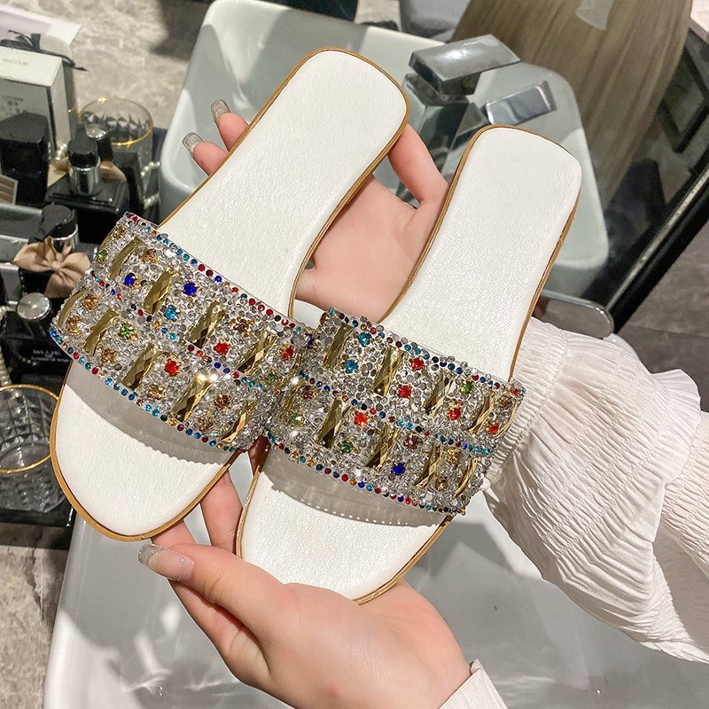 Flat Shoes Women's Slippers Summer New Style Rhinestone Color Diamond Roman Style Flat Shoes