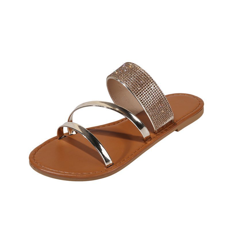 Large Size Slippers Fashion Sexy Summer New Style Roman Rhinestone Flat Outdoor Large Size Slippers