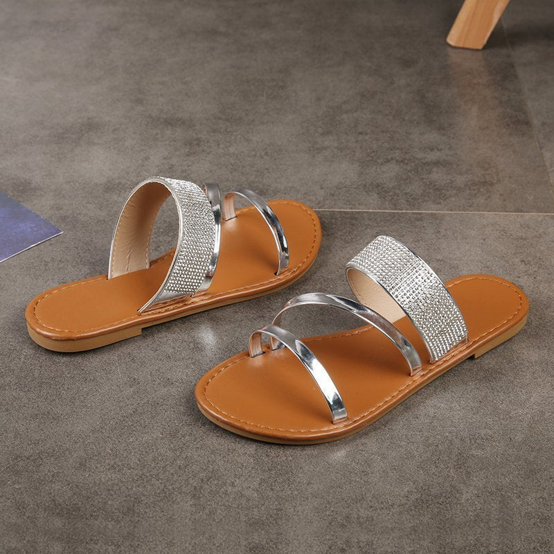 Large Size Slippers Fashion Sexy Summer New Style Roman Rhinestone Flat Outdoor Large Size Slippers