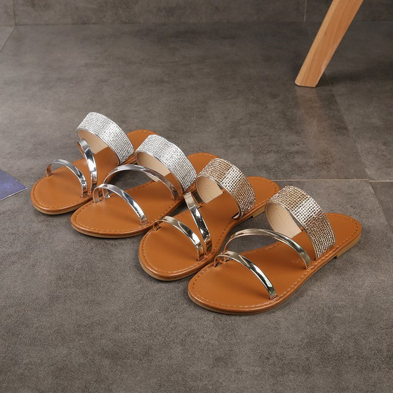 Large Size Slippers Fashion Sexy Summer New Style Roman Rhinestone Flat Outdoor Large Size Slippers