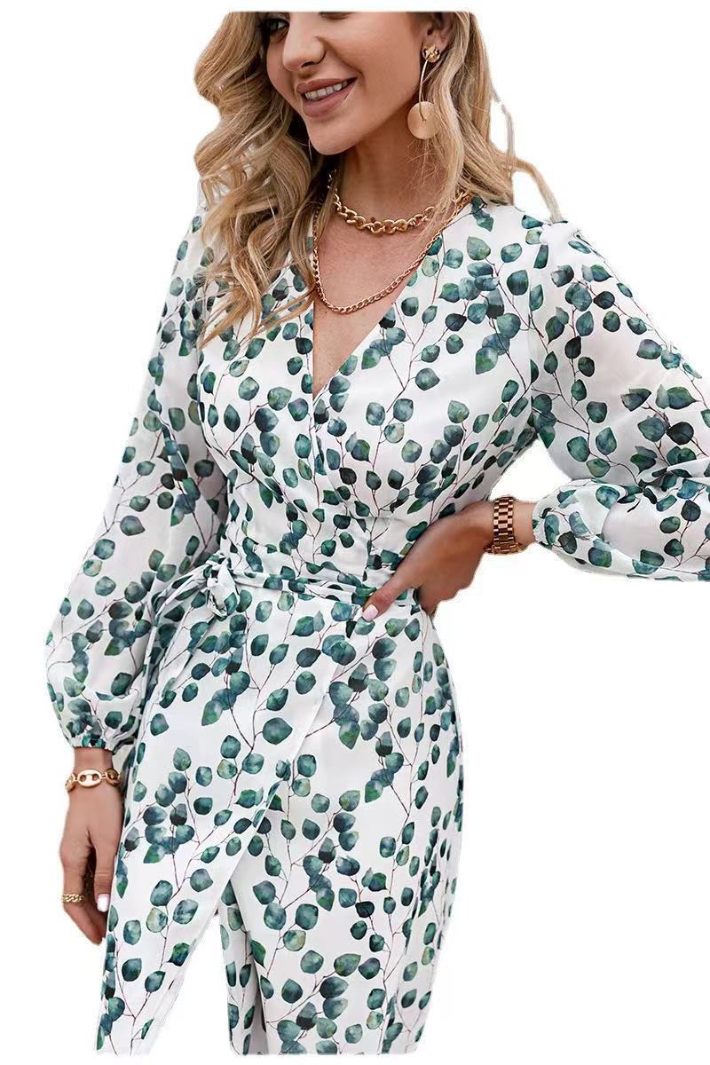 Women's Dress New Printed Long Sleeve Lace A-Line Green Leaf Women's Dress