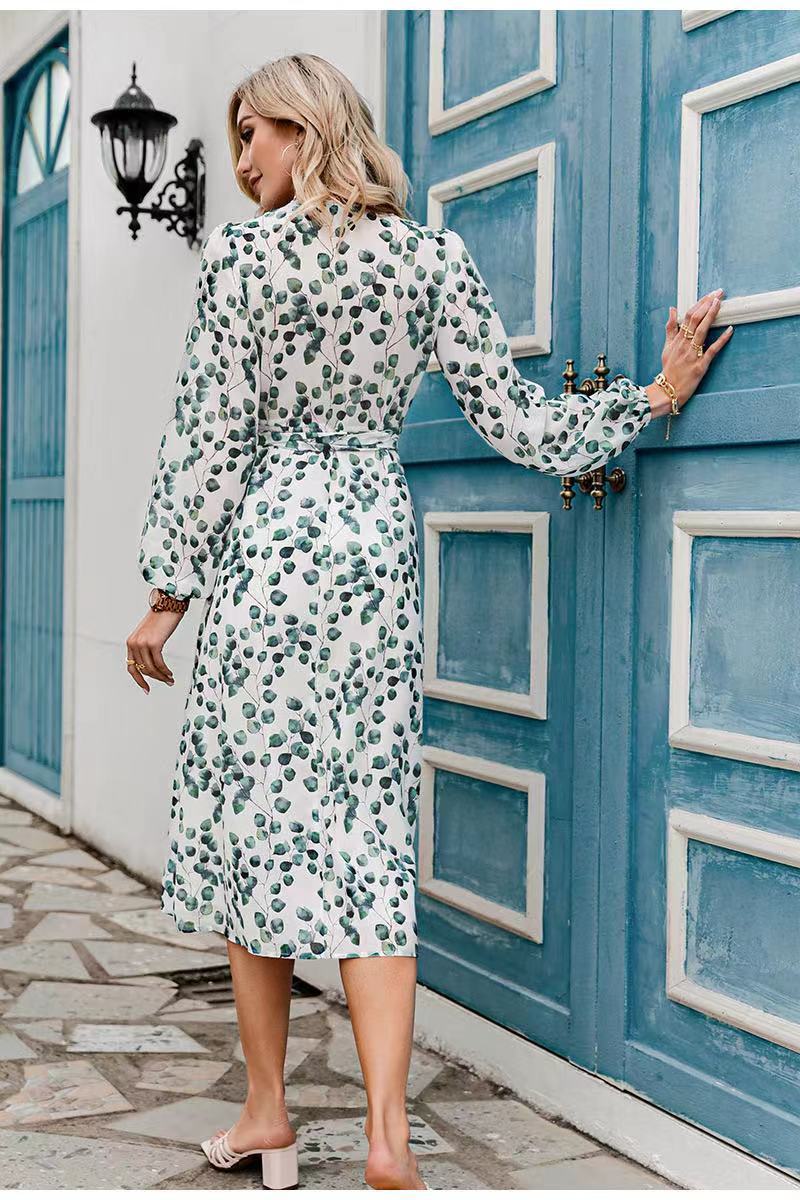 Women's Dress New Printed Long Sleeve Lace A-Line Green Leaf Women's Dress
