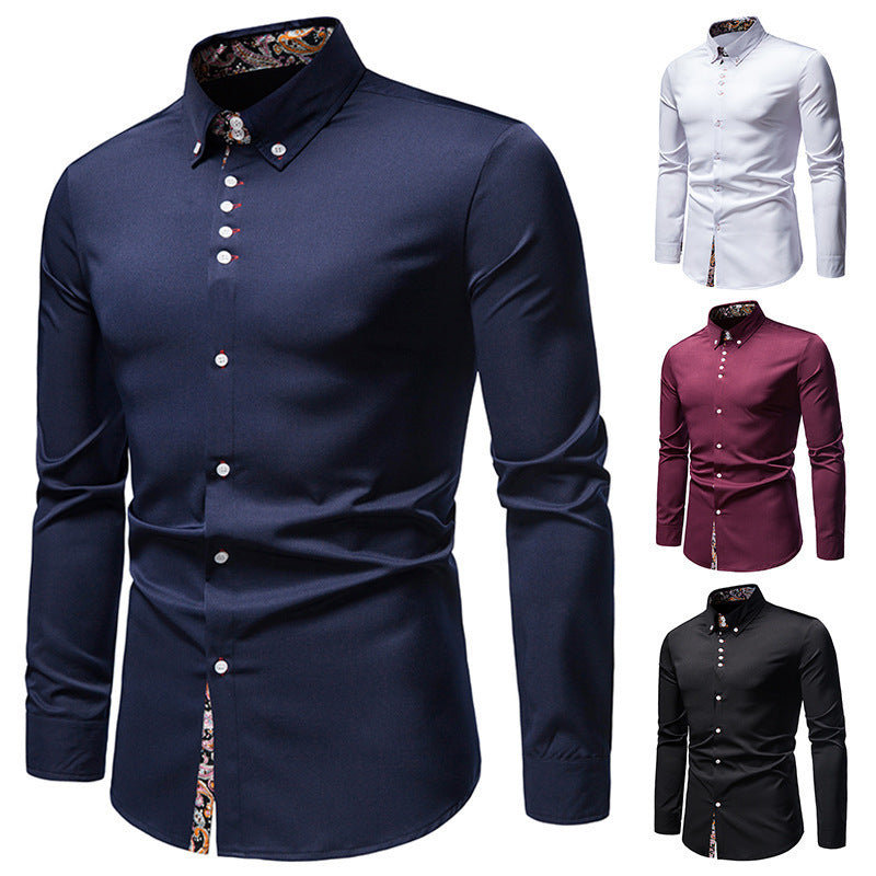 Men's Long-sleeved Shirt Lapel Slim-fit Assorted Colors Polyester Shirt - sumet.shop