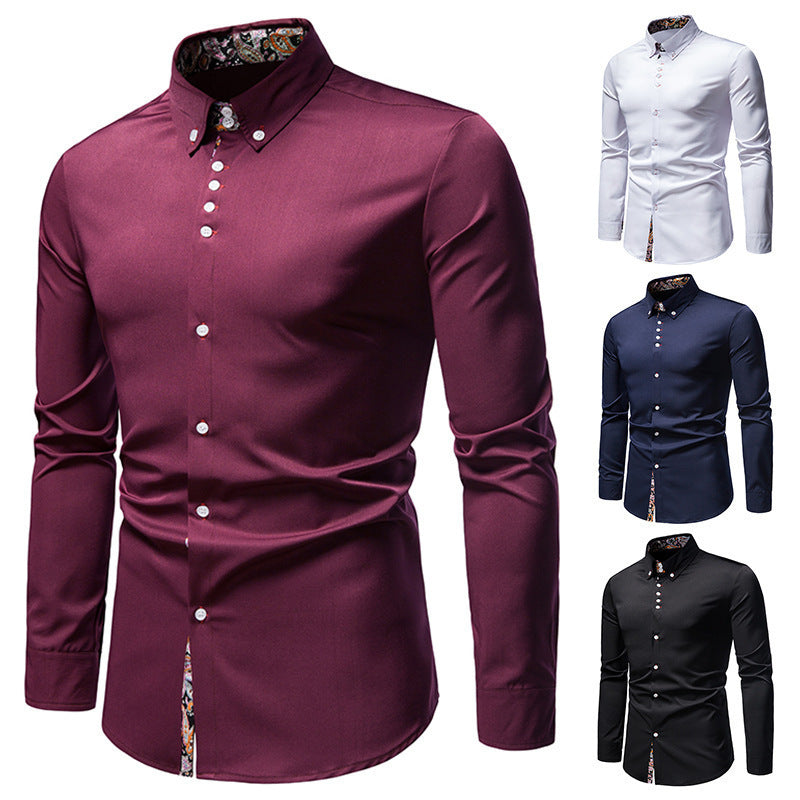 Men's Long-sleeved Shirt Lapel Slim-fit Assorted Colors Polyester Shirt - sumet.shop