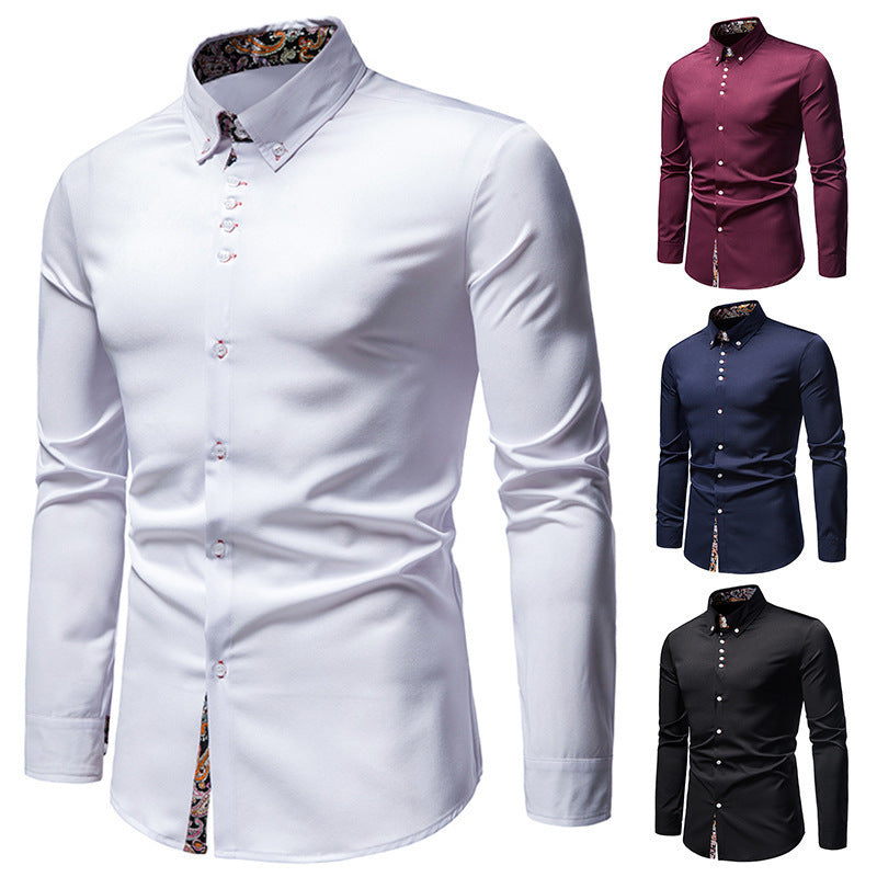 Men's Long-sleeved Shirt Lapel Slim-fit Assorted Colors Polyester Shirt - sumet.shop