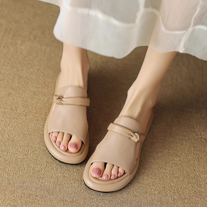 Soft Leather Slippers Open Toe Casual Slippers Women