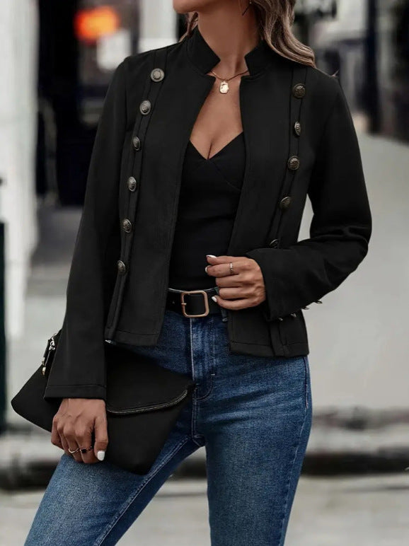 Short Jacket Double Breasted Decorative Design Fashion Retro Suede Long Sleeve Outwear Tops Coat For Womens Clothing