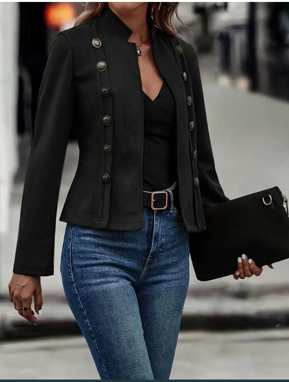 Short Jacket Double Breasted Decorative Design Fashion Retro Suede Long Sleeve Outwear Tops Coat For Womens Clothing