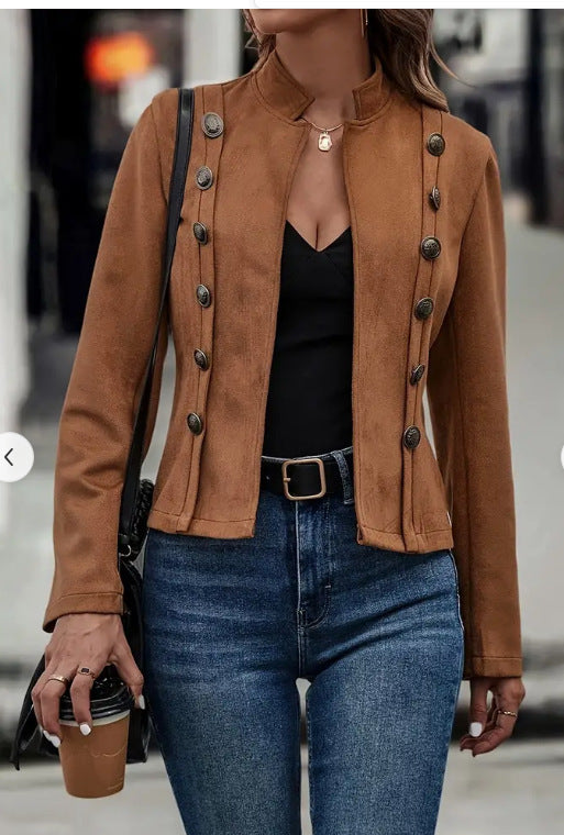 Short Jacket Double Breasted Decorative Design Fashion Retro Suede Long Sleeve Outwear Tops Coat For Womens Clothing