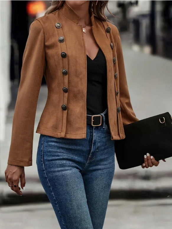 Short Jacket Double Breasted Decorative Design Fashion Retro Suede Long Sleeve Outwear Tops Coat For Womens Clothing