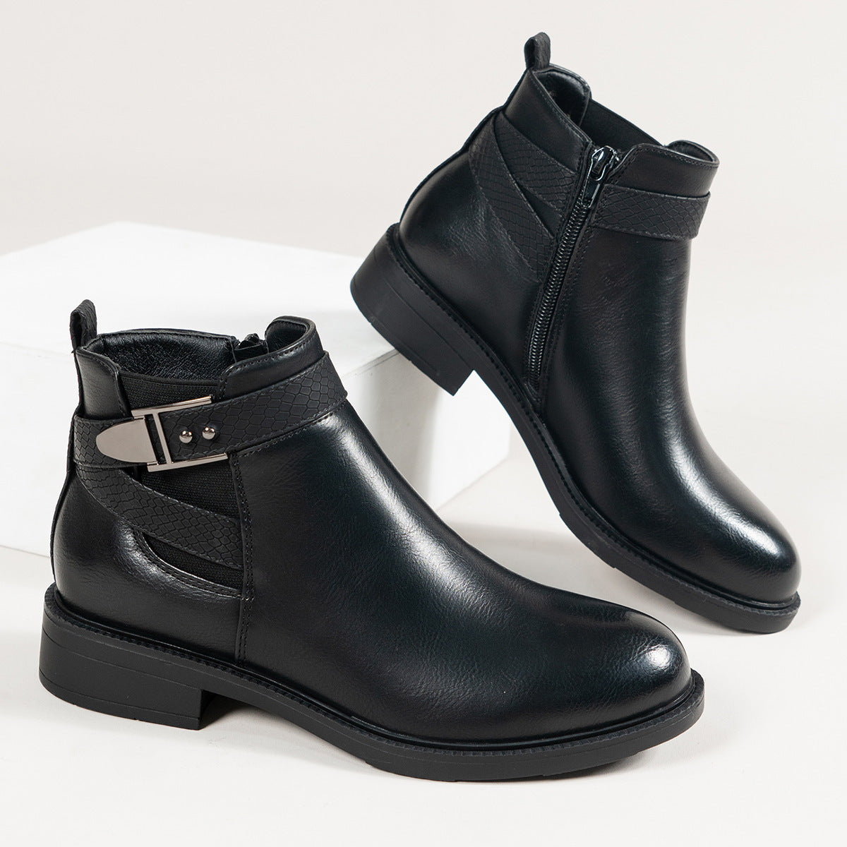 Ankle Boots Chelsea Boots Women Black Ankle Boots Side Zipper Buckle Shoes
