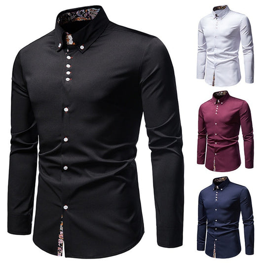 Men's Long-sleeved Shirt Lapel Slim-fit Assorted Colors Polyester Shirt - sumet.shop