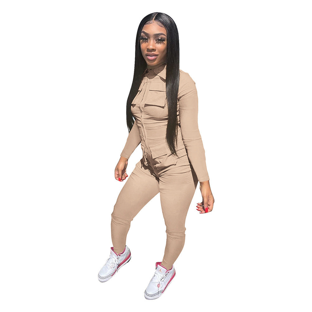 Jumpsuit Solid Color Long Overalls Zipper Pocket Jumpsuit