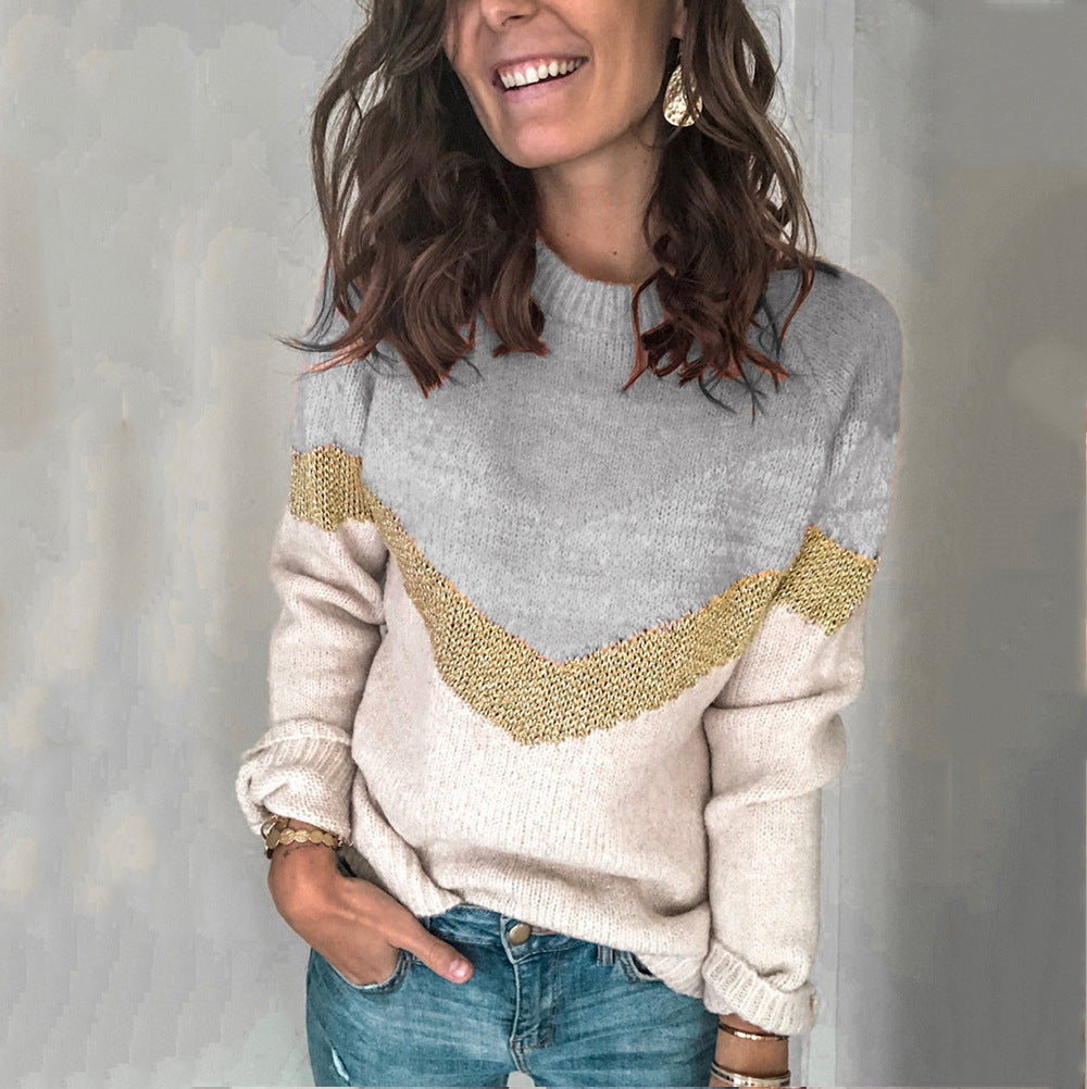 Contrast Panel Knit Pullover Crewneck Raglan Sleeve Sweater