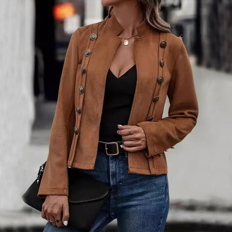 Short Jacket Double Breasted Decorative Design Fashion Retro Suede Long Sleeve Outwear Tops Coat For Womens Clothing