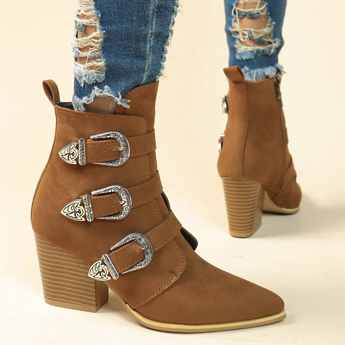 Toe Boots Chunky Heel Pointed Toe Boots With Belt Buckle Design Retro Mid-calf Boot Fashion Fall Winter Shoes For Women