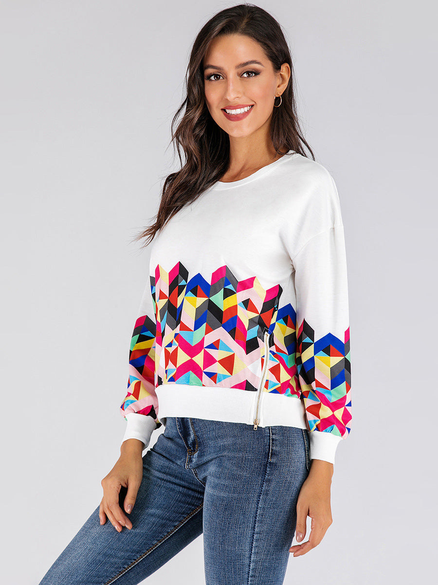 Women's round neck geometric printing zipper decoration long sleeve sweater
