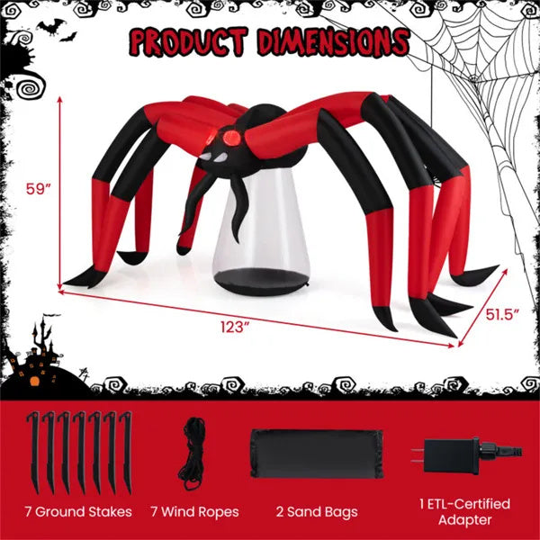 10ft Wide 5ft Tall Giant Halloween Inflatable Spider - LED Head Light 2 Red Eye Tunnel Lights
