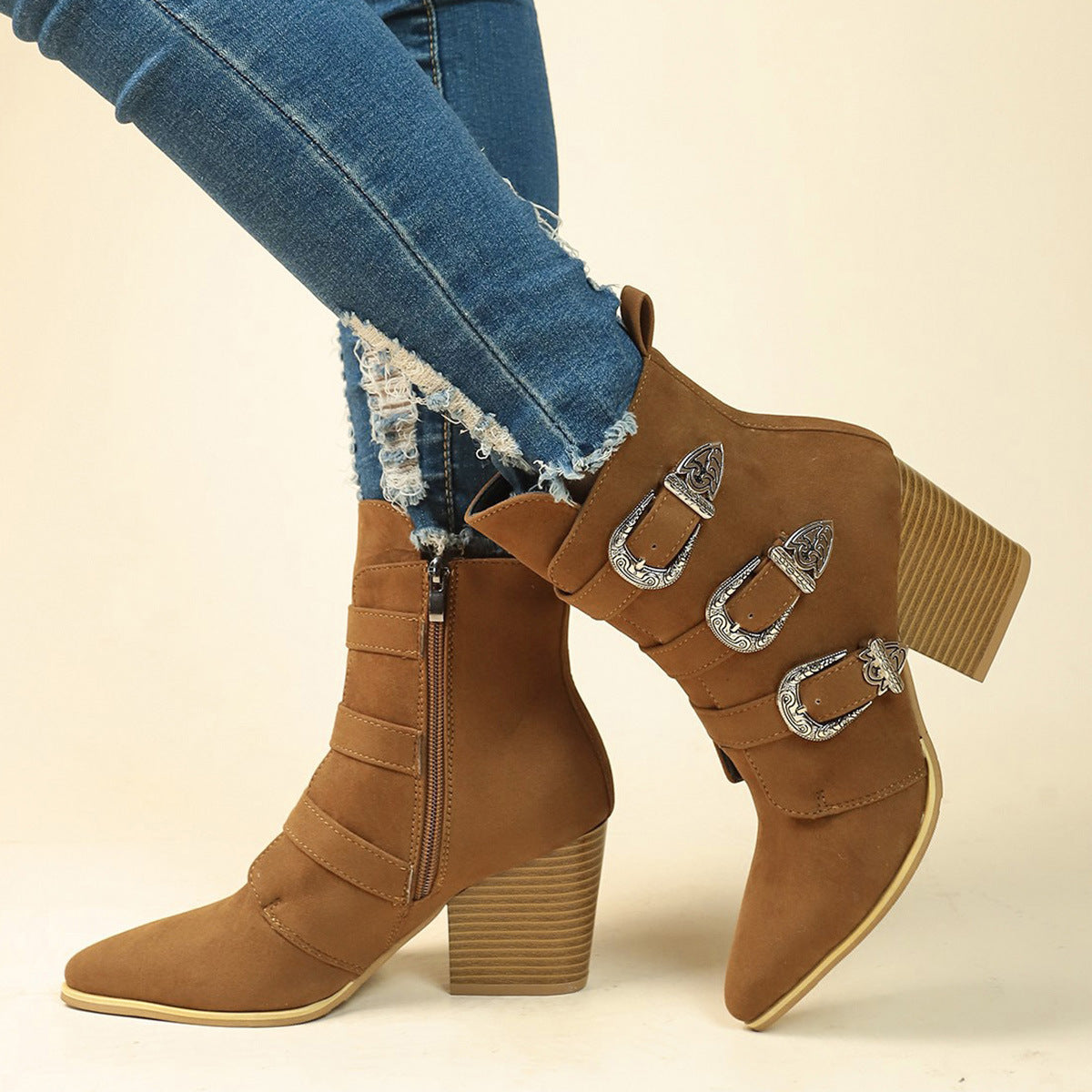 Toe Boots Chunky Heel Pointed Toe Boots With Belt Buckle Design Retro Mid-calf Boot Fashion Fall Winter Shoes For Women